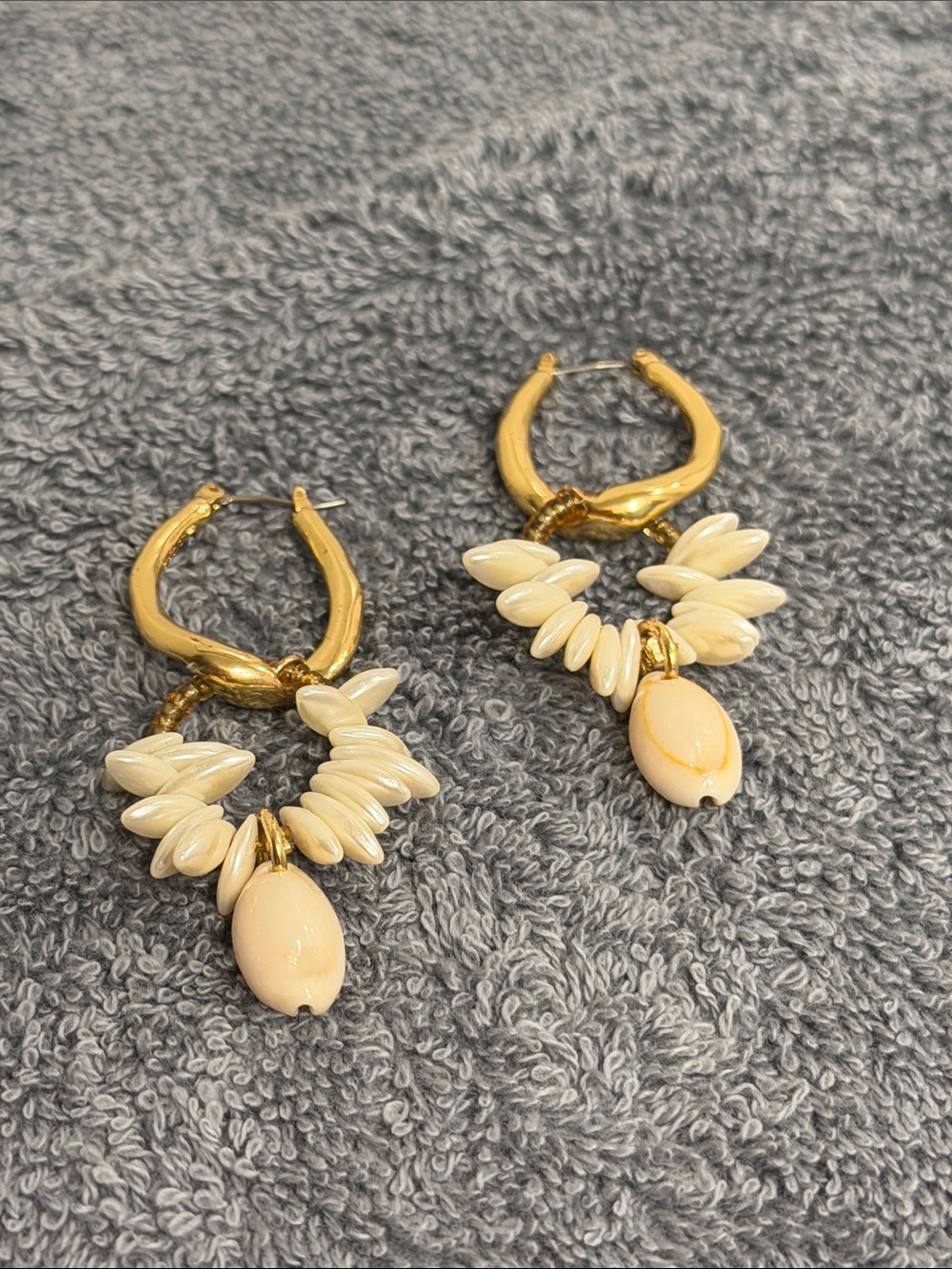 Neiman Marcus Gold Hoop Earrings with Cream Shell Drops